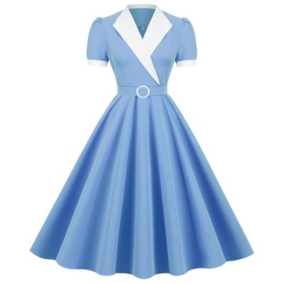 50s Style Dresses for Women Vintage Solid Dresses Swing Midi Prom Dress Tea Party Evening Dress Audrey Hepburn Dress for Work Theme Party Homecoming Dress with Belt Cocktail Dress Light Blue d S