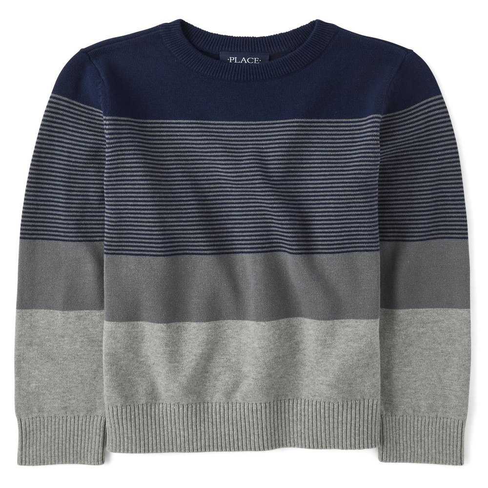 The Children's Place Boys' Long Sleeve Sweater, Grey Stripe Crew Neck, Large