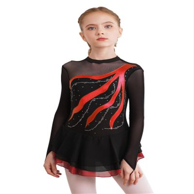 YOOJOO Figure Skating Dress Rhythmic Gymnastics Leotard Skirt Girl Hook Sleeves Competition Performance Dance Dress Red 16 Years