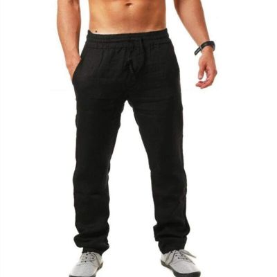 GOKKILRW Mens Cotton Linen Drawstring Pants Elastic Waist Casual Workout Joggers Summer Lightweight Beach Yoga Trousers(Black,X-Large)