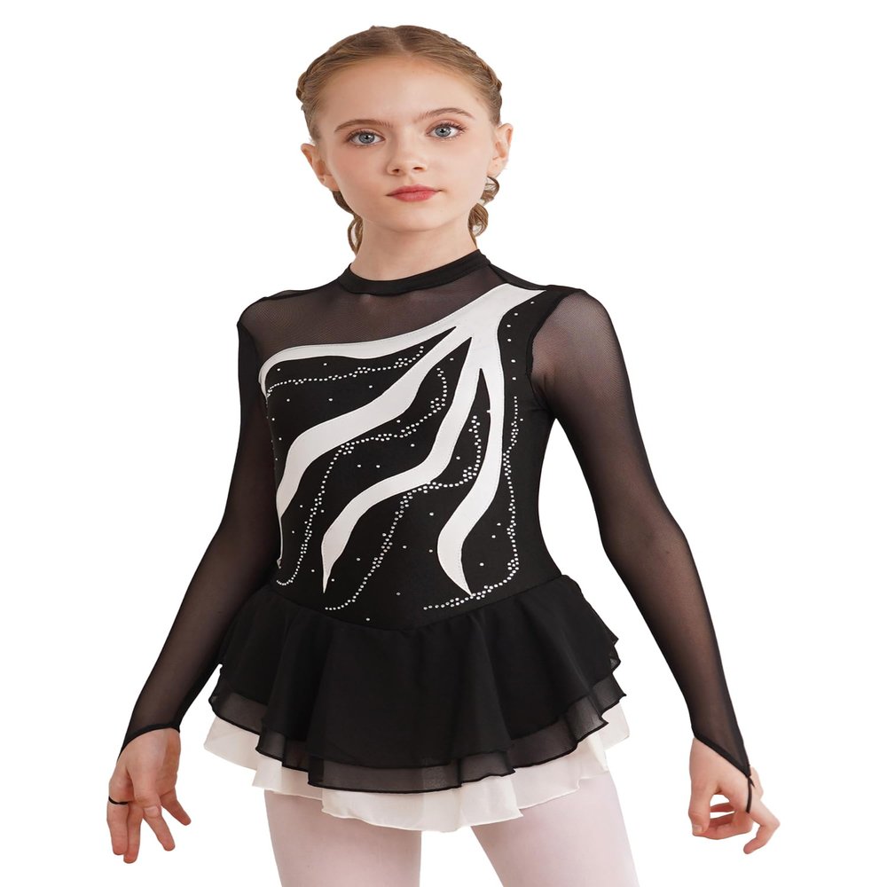 YOOJOO Figure Skating Dress Rhythmic Gymnastics Leotard Skirt Girl Hook Sleeves Competition Performance Dance Dress White 16 Years
