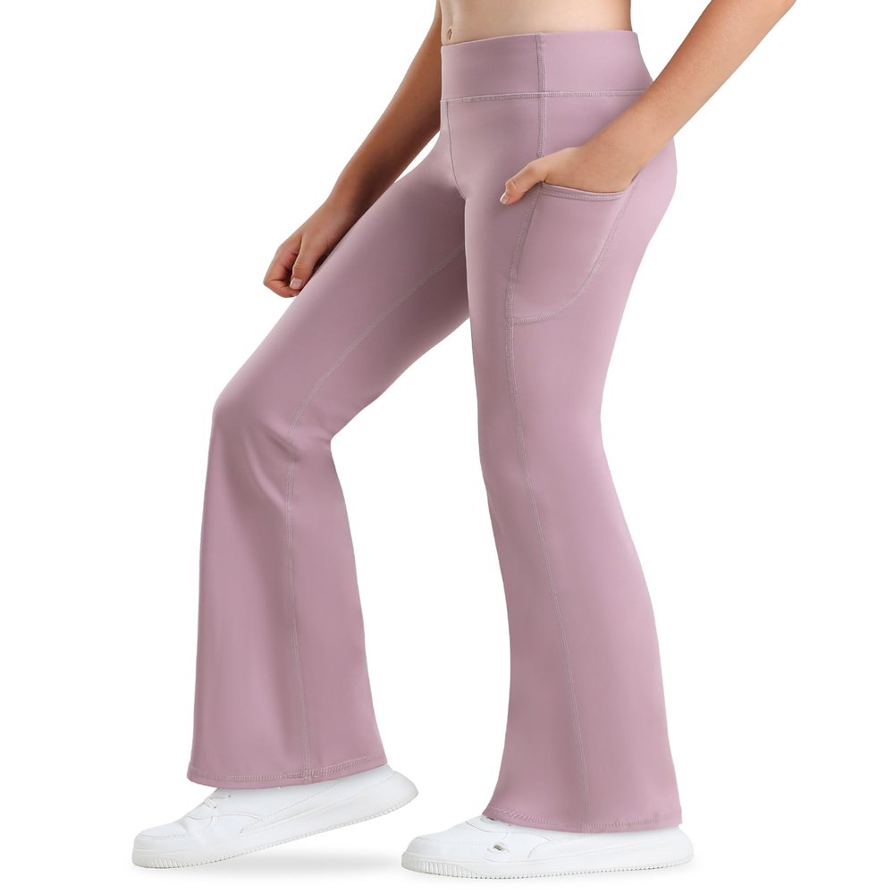 Stelle Girl's Flare Leggings with Pockets High Waisted Bootcut Yoga Pants Kids Dance Bell Bottoms Leggings(Dusty Lavender,M)