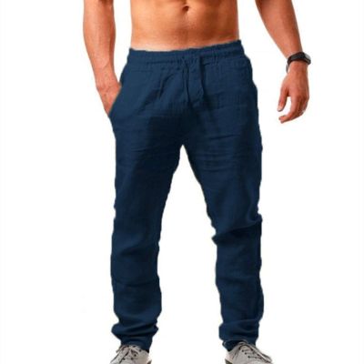 GOKKILRW Mens Cotton Linen Drawstring Pants Elastic Waist Casual Workout Joggers Summer Lightweight Beach Yoga Trousers(Navy,3X-Large)