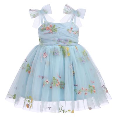 First Birthday Outfit Girl, Child Kids Flower Summer Princess Tutu Dress Bow Sleeveless Smoked Dresses for Baby&Toddler Photographs Beach Wedding Christening Outfit Blue floral 12-18Months