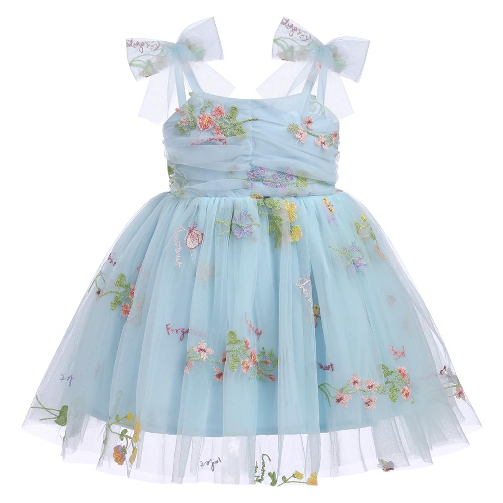 First Birthday Outfit Girl, Child Kids Flower Summer Princess Tutu Dress Bow Sleeveless Smoked Dresses for Baby&Toddler Photographs Beach Wedding Christening Outfit Blue floral 12-18Months