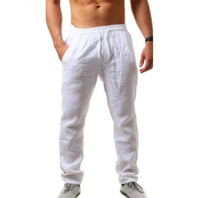 GOKKILRW Mens Cotton Linen Drawstring Pants Elastic Waist Casual Workout Joggers Summer Lightweight Beach Yoga Trousers(White,X-Large)