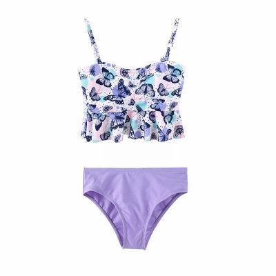 Girl's Butterfly Print Suit Summer Suspender Pleated Top Shorts Suit 2 Piece Girls Bikini (Purple, 6-8Years)