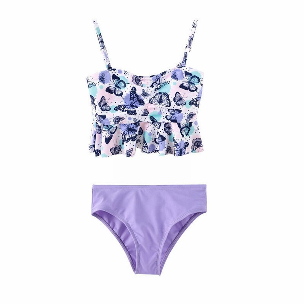 Girl's Butterfly Print Suit Summer Suspender Pleated Top Shorts Suit 2 Piece Girls Bikini (Purple, 6-8Years)