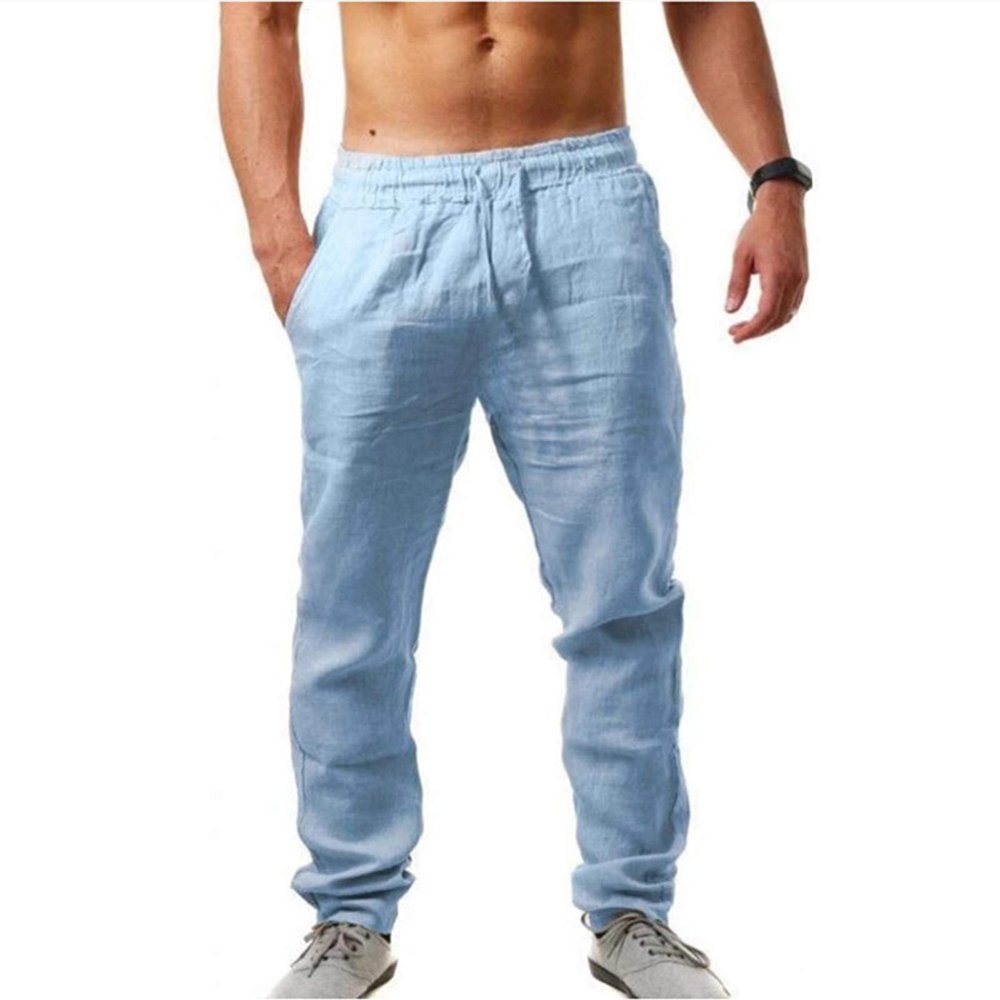 GOKKILRW Mens Cotton Linen Drawstring Pants Elastic Waist Casual Workout Joggers Summer Lightweight Beach Yoga Trousers(Sky Blue,X-Large)