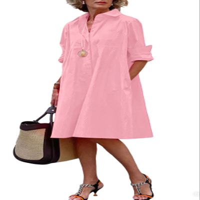 chouyatou Women's Spring Summer Button-Down Shirt Dress Loose A-Line Midi Shift Tunic Dress (Large, Pink)