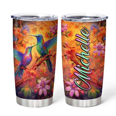 Hyturtle Personalized Gifts For Hummingbird Lover - Hummingbird With Floral Custom Name Stainless Steel Tumbler 20oz With Lid - Idea Animal Lover Gifts For Women Girl Kids On Birthday, Christmas