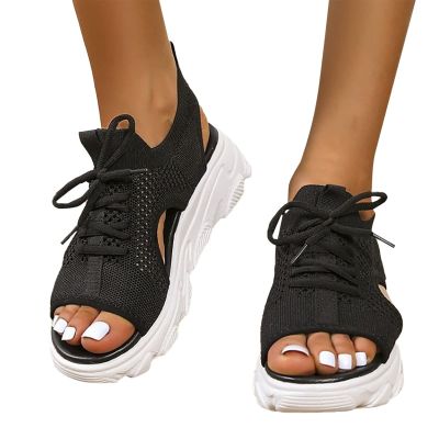 Orthopedic Platform Wedge Sandals for Women Summer Dressy Wedges 2023 Sports Sandals Open Toe Cutout Lace-up Sandals Casual Slip on Sandals Beach Sandals Comfortable Outdoor Shoes (Black #1, 8.5)