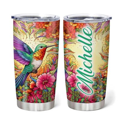 Hyturtle Personalized Gifts For Hummingbird Lover - Hummingbird With Floral Custom Name Stainless Steel Tumbler 20oz With Lid - Idea Animal Lover Gifts For Women Girl Kids On Birthday, Christmas