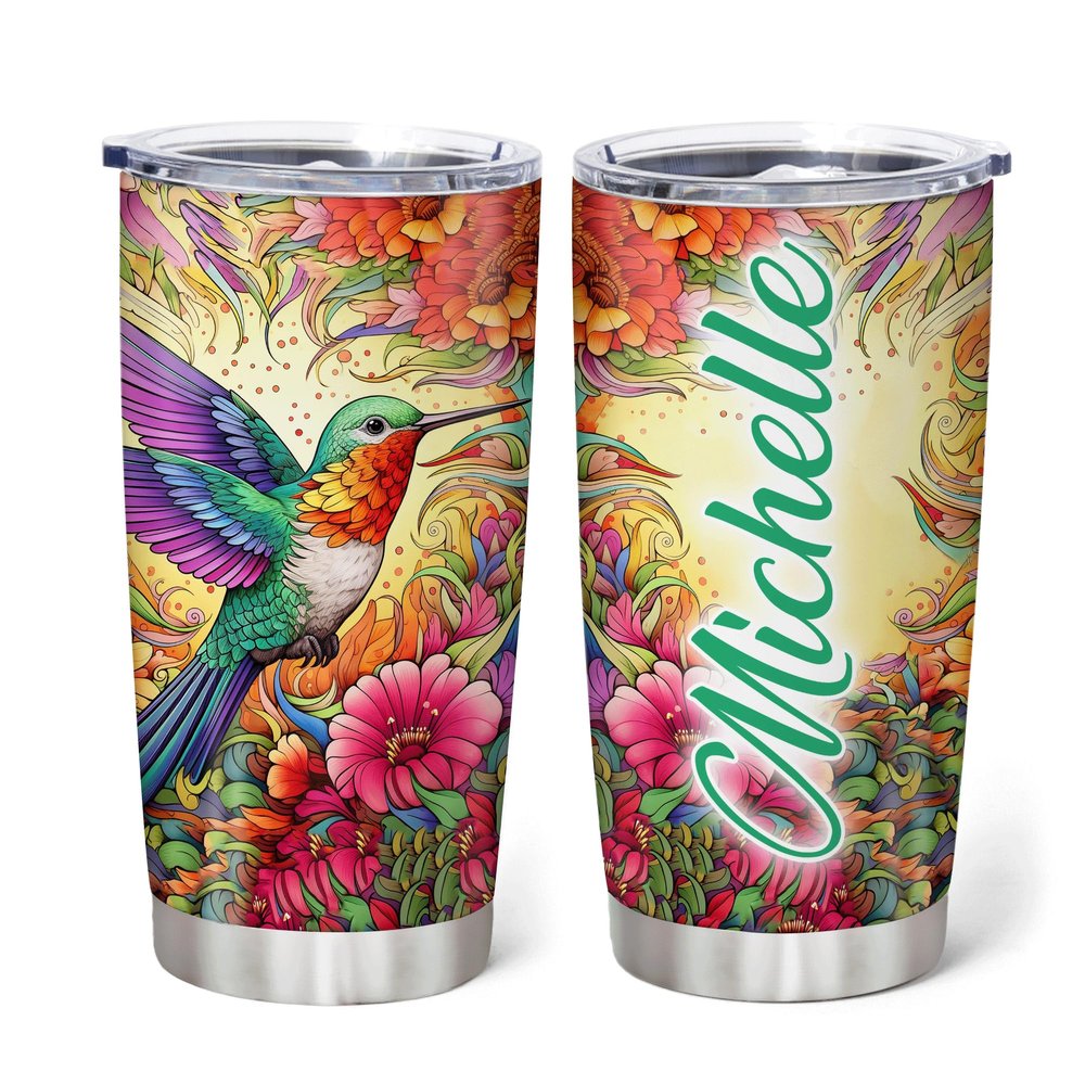 Hyturtle Personalized Gifts For Hummingbird Lover - Hummingbird With Floral Custom Name Stainless Steel Tumbler 20oz With Lid - Idea Animal Lover Gifts For Women Girl Kids On Birthday, Christmas