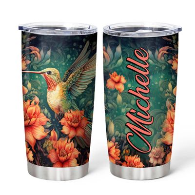 Hyturtle Personalized Gifts For Hummingbird Lover - Hummingbird With Floral Custom Name Stainless Steel Tumbler 20oz With Lid - Idea Animal Lover Gifts For Women Girl Kids On Birthday, Christmas