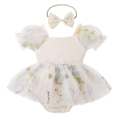 Baby Girl 1st Birthday Outfit Cake Smash Romper Dress Newborn Floral Lace Tulle Boho First Birthday Princess Tutu Dresses + Bowknot Headband Summer Clothes # Beige Flower 12-18 Months