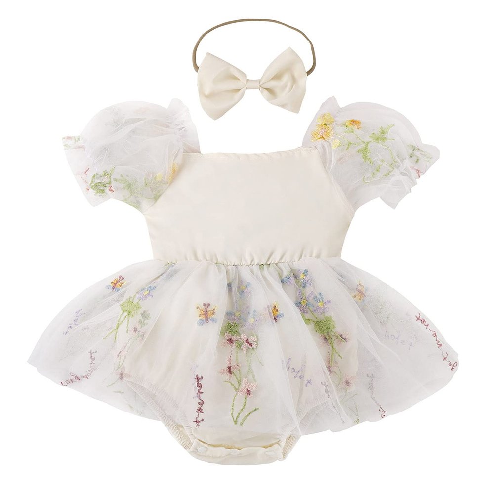Baby Girl 1st Birthday Outfit Cake Smash Romper Dress Newborn Floral Lace Tulle Boho First Birthday Princess Tutu Dresses + Bowknot Headband Summer Clothes # Beige Flower 12-18 Months