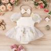 Baby Girl 1st Birthday Outfit Cake Smash Romper Dress Newborn Floral Lace Tulle Boho First Birthday Princess Tutu Dresses + Bowknot Headband Summer Clothes # Beige Flower 12-18 Months view 2