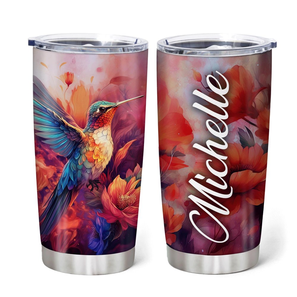 Hyturtle Personalized Gifts For Hummingbird Lover - Hummingbird With Floral Custom Name Stainless Steel Tumbler 20oz With Lid - Idea Animal Lover Gifts For Women Girl Kids On Birthday, Christmas