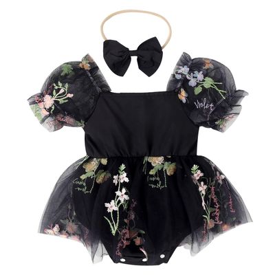 Baby Girl 1st Birthday Outfit Cake Smash Romper Dress Newborn Floral Lace Tulle Boho First Birthday Princess Tutu Dresses + Bowknot Headband Summer Clothes Black Flower 0-3 Months