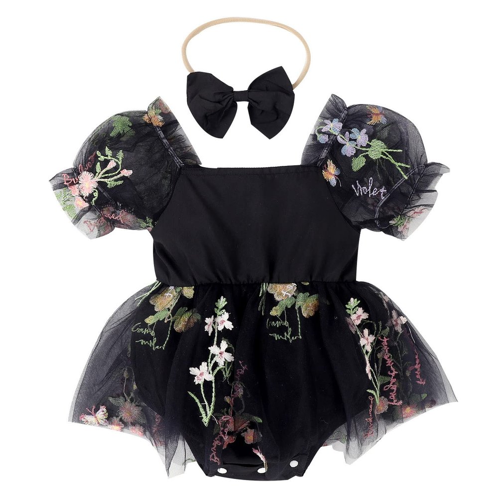 Baby Girl 1st Birthday Outfit Cake Smash Romper Dress Newborn Floral Lace Tulle Boho First Birthday Princess Tutu Dresses + Bowknot Headband Summer Clothes Black Flower 0-3 Months
