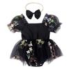 Baby Girl 1st Birthday Outfit Cake Smash Romper Dress Newborn Floral Lace Tulle Boho First Birthday Princess Tutu Dresses + Bowknot Headband Summer Clothes Black Flower 0-3 Months view 1