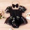 Baby Girl 1st Birthday Outfit Cake Smash Romper Dress Newborn Floral Lace Tulle Boho First Birthday Princess Tutu Dresses + Bowknot Headband Summer Clothes Black Flower 0-3 Months view 2