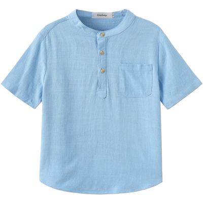Aimehonpe Toddler Boys Short Sleeve Cotton Linen Shirt, Top Tee Classic Henley Shirt Solid Soft, LightBlue, X-Large