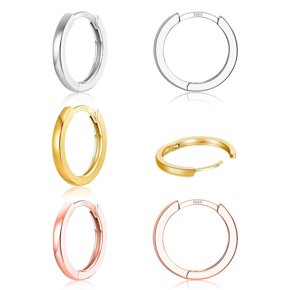 3 Pairs 925 Sterling Silver Hoop Earrings 14K 3 Colors Gold Plated Small Silver Hoops Cartilage Huggie Earrings for Women Men (10 10 10MM)