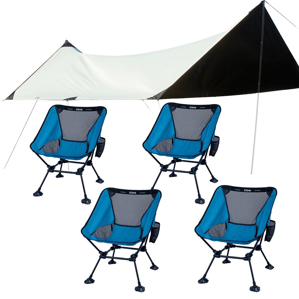 iClimb 4 Ultralight Compact Anti-Sinking Large Feet Chair and 1 8-Person Waterproof Sun Shield Tarp UPF 50+ Bundle for Adults Outdoor Glamping Camping Concert Beach Backyard