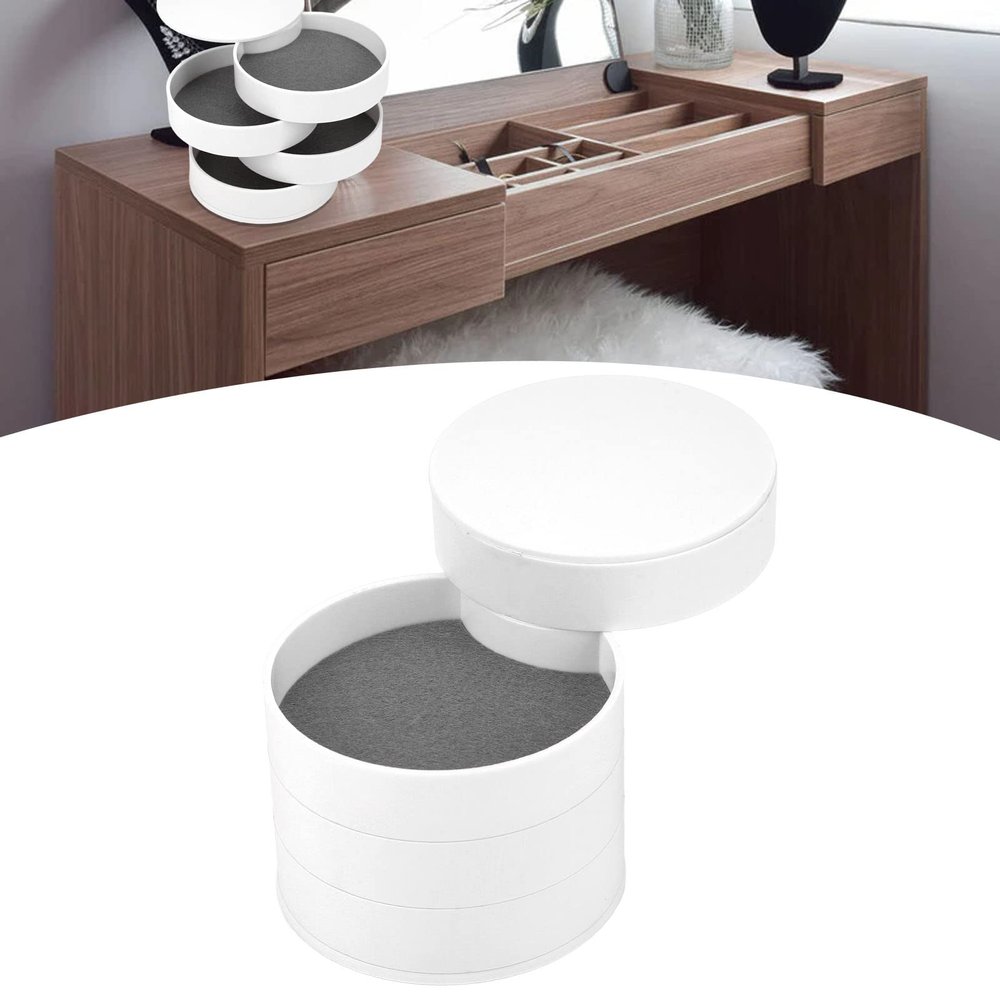 BEIJIALY Rotatable Jewelry Organizer, Rotatable Small Jewelry Box Earring Holder for Women, 4 Layers 360 Degree Rotation Dustproof Round Jewelry Box with Lid for Office Household(White)