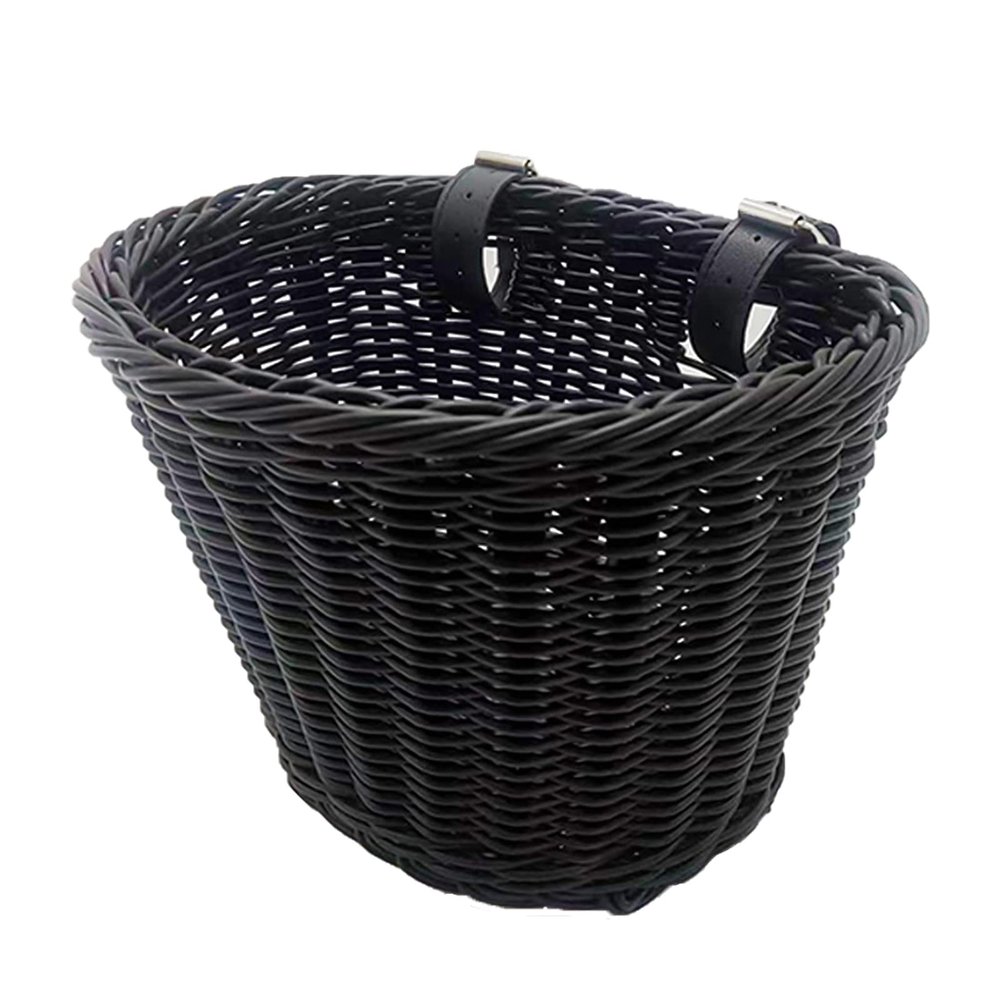 Bike Basket, Hand Woven Front Handlebar Bicycle Basket with Adjustable Leather Straps, Wicker Front Handlebar Bike Storage Basket for Small Bicycles or Folding Bikes, 21x17x16cm(Black)