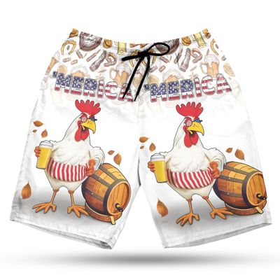 228CLOSET Chicken & Beer Men's Swim Trunks - Independence Party Hawaiian Shorts for Men, Men's Summer Bathing Shorts Set 16 Size Size 2XL