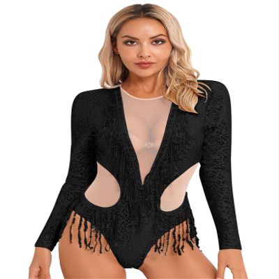Agoky Womens Shiny Sequins Fringed Leotard Mesh Patchwork Latin Vintage Dance Bodysuit Cocktail Party Black Small