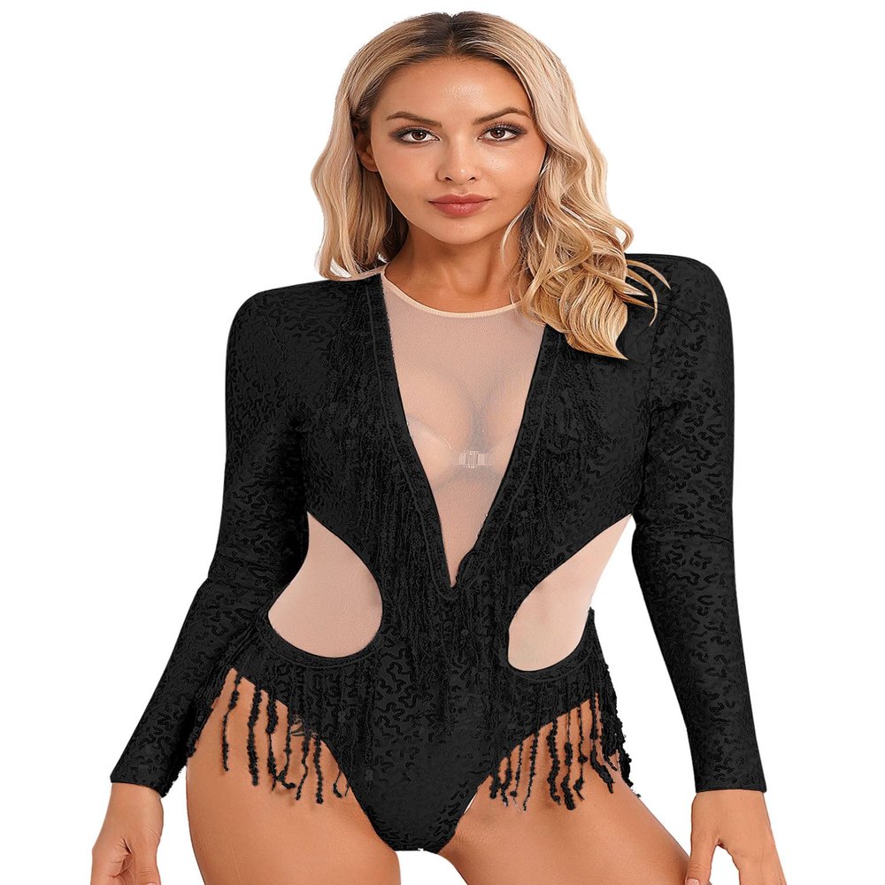 Agoky Womens Shiny Sequins Fringed Leotard Mesh Patchwork Latin Vintage Dance Bodysuit Cocktail Party Black Small