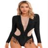 Agoky Womens Shiny Sequins Fringed Leotard Mesh Patchwork Latin Vintage Dance Bodysuit Cocktail Party Black Small