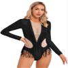 Agoky Womens Shiny Sequins Fringed Leotard Mesh Patchwork Latin Vintage Dance Bodysuit Cocktail Party Black Small view 2