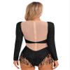 Agoky Womens Shiny Sequins Fringed Leotard Mesh Patchwork Latin Vintage Dance Bodysuit Cocktail Party Black Small view 3
