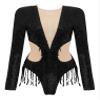 Agoky Womens Shiny Sequins Fringed Leotard Mesh Patchwork Latin Vintage Dance Bodysuit Cocktail Party Black Small view 4
