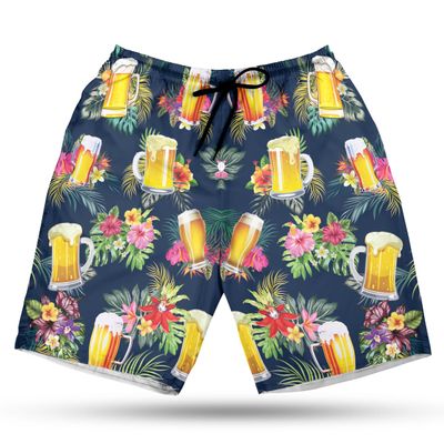 228CLOSET Beer Glasses Men's Swim Trunks - Tropical Flowers Hawaiian Shorts for Men, Men's Summer Bathing Shorts Set 16 Size Size 3XL