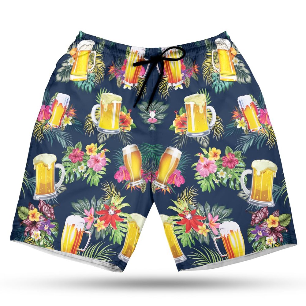 228CLOSET Beer Glasses Men's Swim Trunks - Tropical Flowers Hawaiian Shorts for Men, Men's Summer Bathing Shorts Set 16 Size Size 3XL
