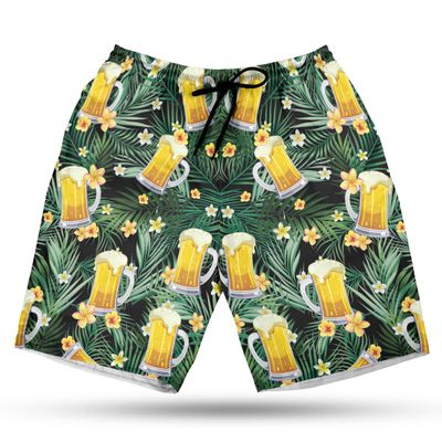228CLOSET Beer Glasses Men's Swim Trunks - Tropical Leaves Hawaiian Shorts for Men, Men's Summer Bathing Shorts Set 16 Size Size 5XL