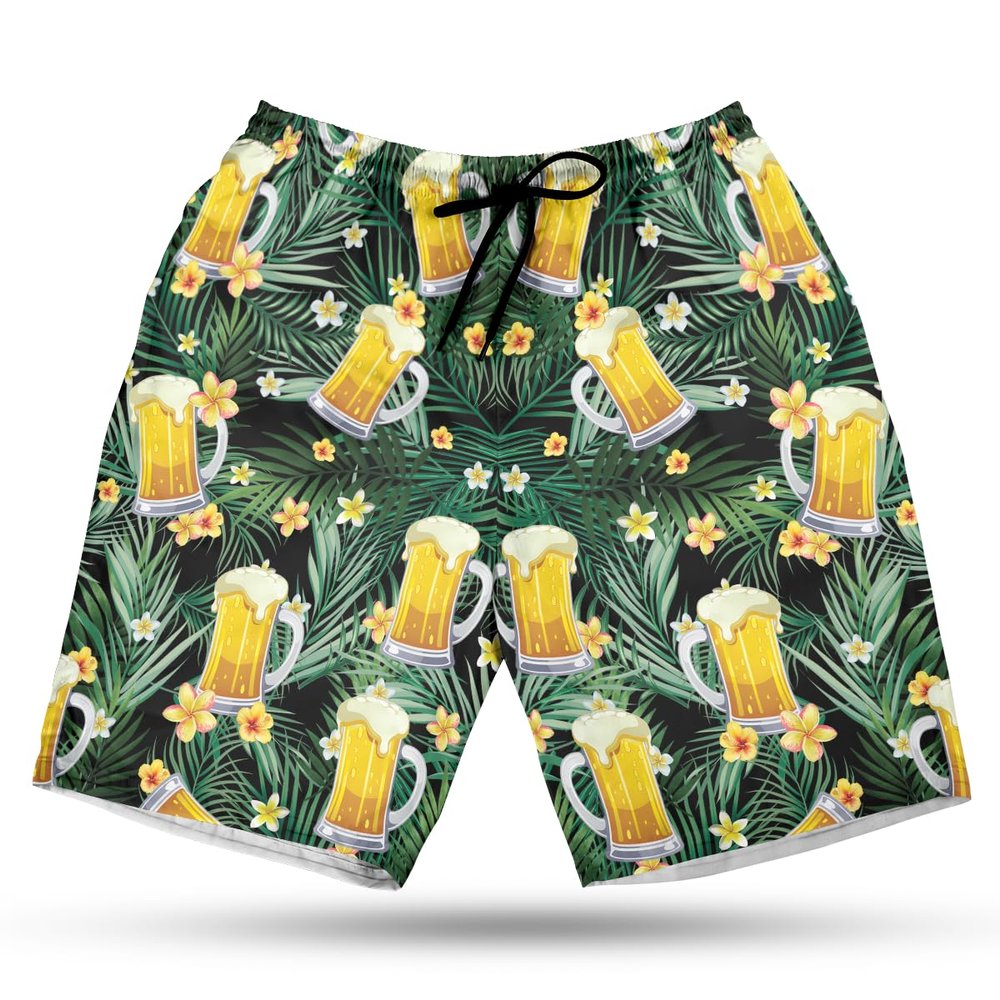 228CLOSET Beer Glasses Men's Swim Trunks - Tropical Leaves Hawaiian Shorts for Men, Men's Summer Bathing Shorts Set 16 Size Size 5XL