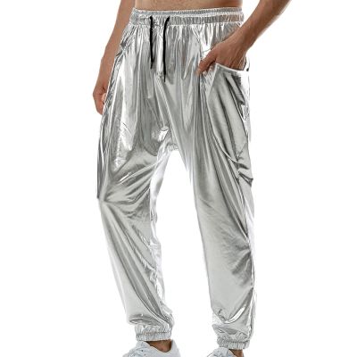 Xiaojmake Men's Metallic Shiny Jogger Trousers Pants Drawstring Holographic Party Club Pants Dance Disco Nightclub Pants