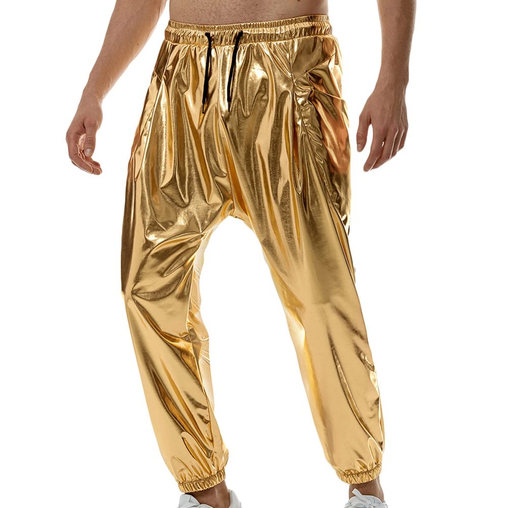 Xiaojmake Men's Metallic Shiny Jogger Trousers Pants Drawstring Holographic Party Club Pants Dance Disco Nightclub Pants