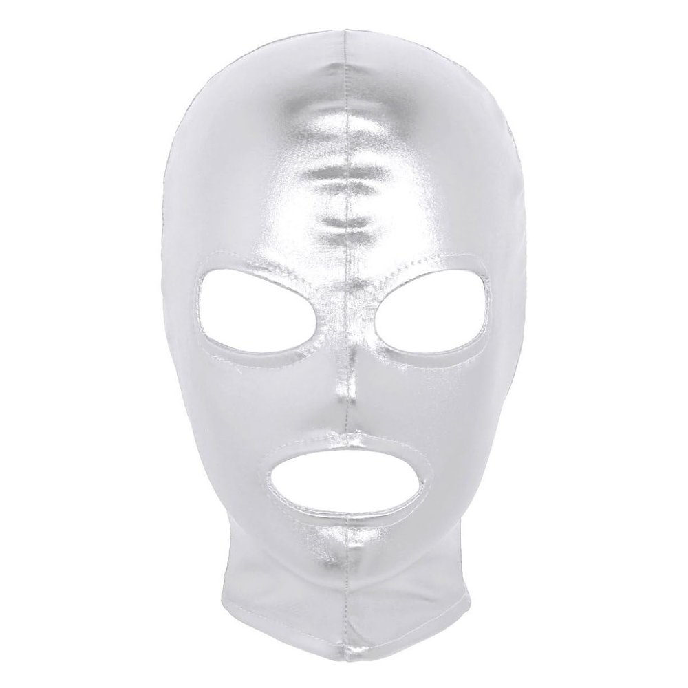 Hularka Unisex Women Men's Wet look Leather Full Face Mask Hood Open Mouth Headgear Hat for Cosplay Party Club Silver_A One Size