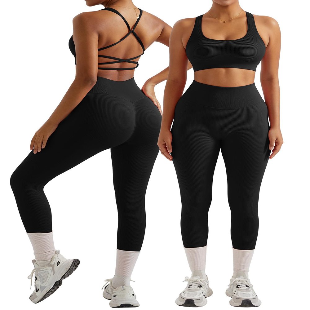 OMKAGI 2 Piece Workout Sets for Women Padded Workout Tops Booty Leggings with Pockets Gym Sets (M,004-Black)