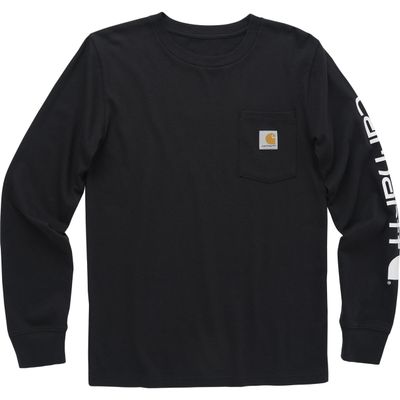 Carhartt Boys Long Sleeve Crewneck T-Shirt with Pocket, Caviar Dark Black, 2T