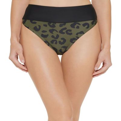 DKNY Women's Printed High-Waist Bikini Bottom (Moss Green, X-Large)
