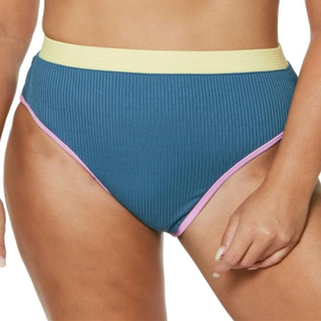 Jessica Simpson Women's Chop & Change High-Waisted Bikini Bottoms (Navy/Sol, Large)